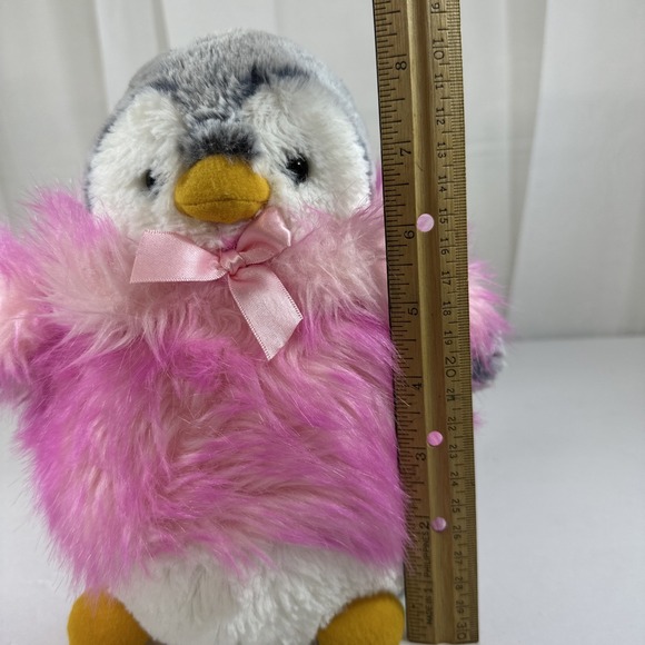 Aurora 8.5" Fuzzy PomPom Peguin Plush w/Pink Fuzzy Winter Coat - Picture 2 of 13